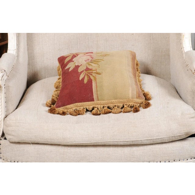 French 19th Century Aubusson Tapestry Pillow with Rose, Foliage and Tassels For Sale - Image 4 of 13