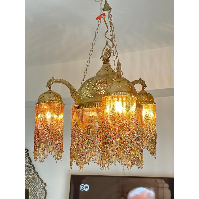 Moroccan Vintage Brass Chandelier With Colorful Glass Beads For Sale - Image 3 of 12