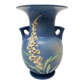 1940s Roseville Foxglove Blue, Double-Handled Vase For Sale