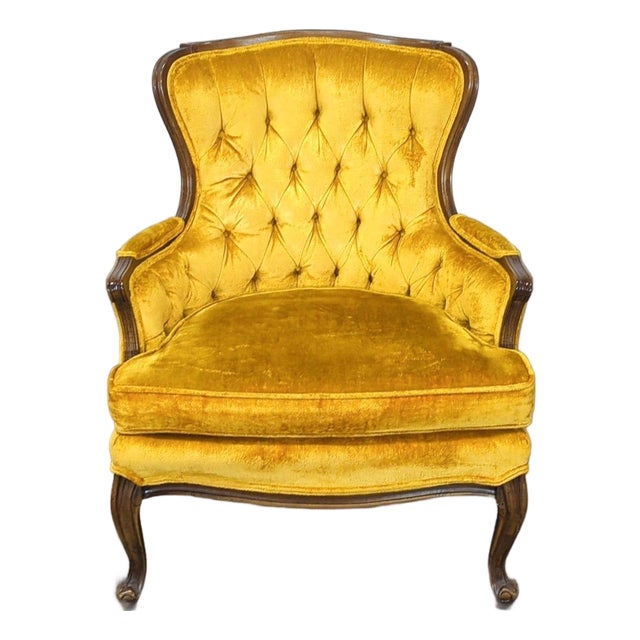 1990s Sam Moore Vintage Yellow Velvet Lounge Chair With Tufted Back For Sale