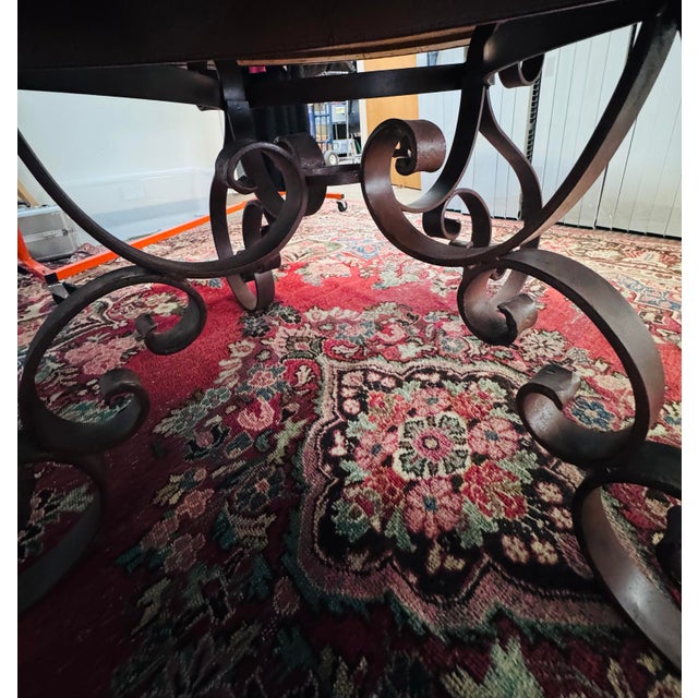 Metal Large 71” Hand-Hammered Copper Top Dining Table With Wrought Iron Scroll Base For Sale - Image 7 of 8