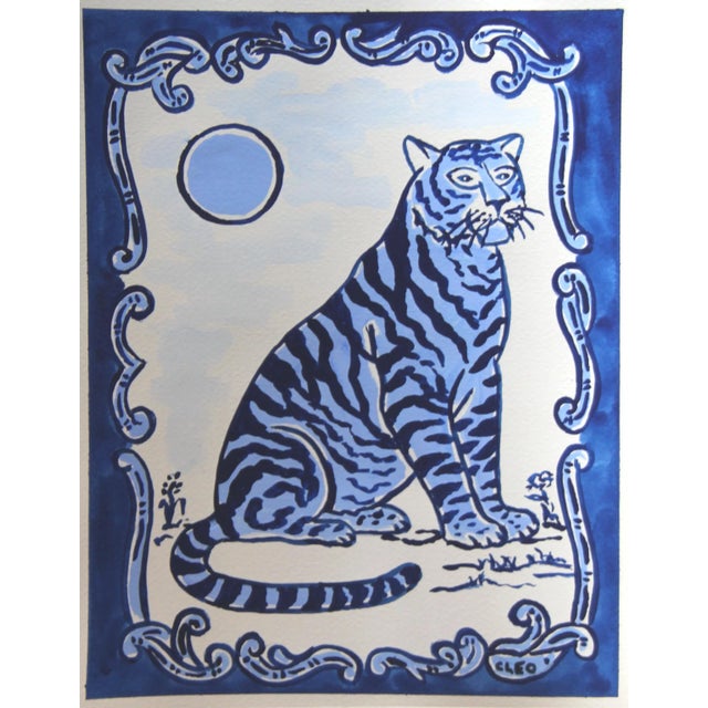 Rustic European Blue and White Leopard in Landscape Classical Border Rustic European Original Painting by Cleo Plowden For Sale - Image 3 of 4