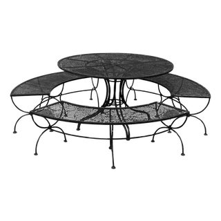 Mid 20th Century Woodard Round Patio Table with Three Benches, Attributed For Sale
