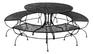 Mid 20th Century Woodard Round Patio Table with Three Benches, Attributed