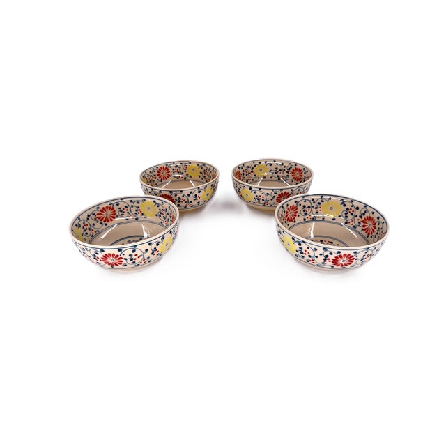 Set of 4 Hand-Painted Bat Trang Vietnamese Ceramic Soup Bowls With Floral Motifs For Sale - Image 12 of 13