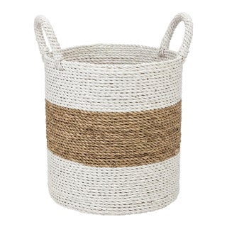 Vintage Woven Seagrass & Cotton Rope Floor Basket For Sale