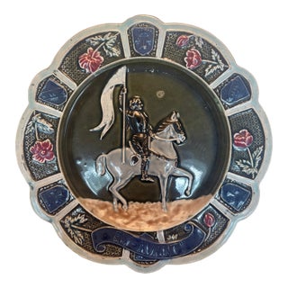 Antique French Barbotine Majolica Jeanne d'Arc Charger, "Honneur Et Patrie" For Sale