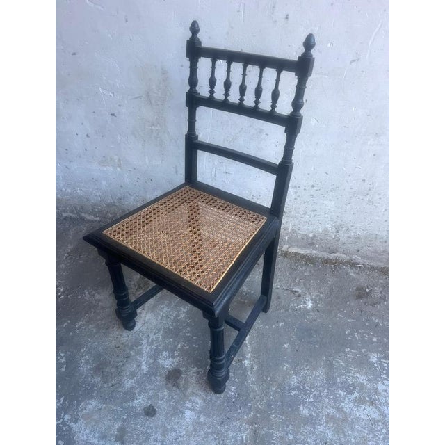 Wood Ebonized Dining Chairs with Handwoven Cane Seats, Set of 4 For Sale - Image 7 of 7