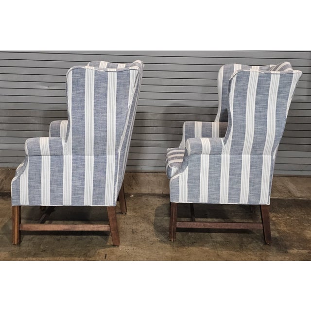 Gray Late 20th Century Pair Mahogany Chippendale Style Wing Chairs W Matching Footstools Gray Fabric For Sale - Image 8 of 8