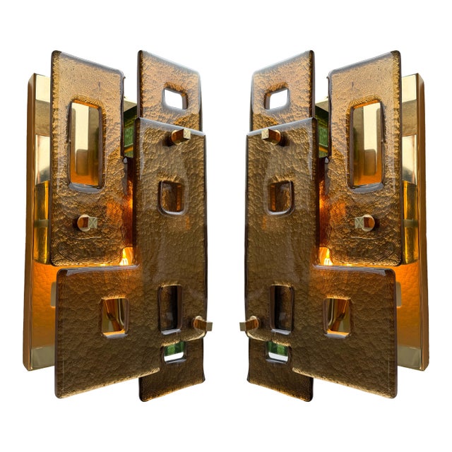 Contemporary Pair of Geometry Cola Murano Glass and Brass Sconces, Italy For Sale