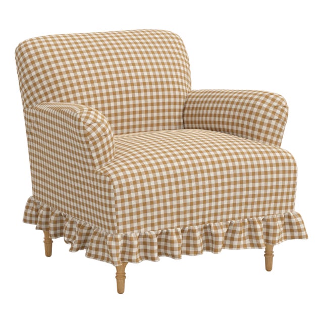Elle Ruffle Slipcover Armchair in Classic Gingham Golden Ctl For Sale
