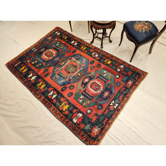 Antique Caucasian Kazak Rug, Hand-Knotted Wool Pile, Geometric Design, Red & Blue, 5' x 7' For Sale - Image 4 of 12