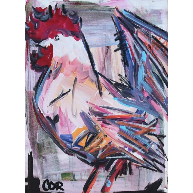 Expressionism Chicken Rooster Portrait Oil Painting by Listed Artist “Corbellic” Displayed in an Antiqued Gold Wood Frame For Sale - Image 4 of 7