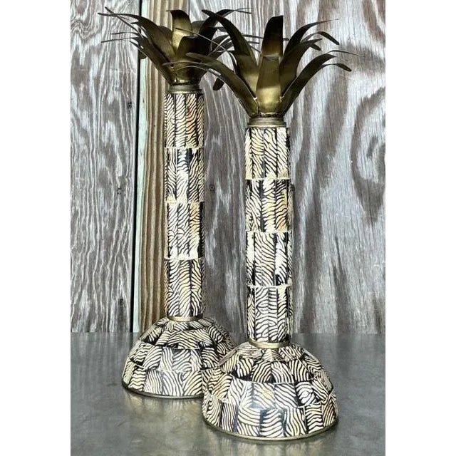 Boho Chic Vintage Boho Brass and Coconut Shell Candlesticks - Set of 2 For Sale - Image 3 of 9