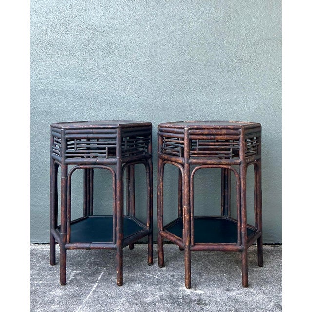 Chinoiserie Vintage Asian Fretwork Burnt Bamboo Side Tables - A Pair For Sale - Image 3 of 12