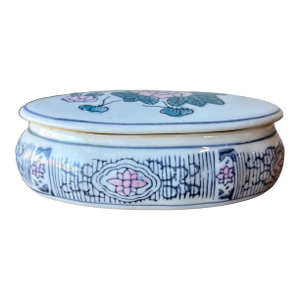 Vintage Asian Chinoiserie Porcelain Trinket Box, Jewelry Box Oval Shaped Floral Design