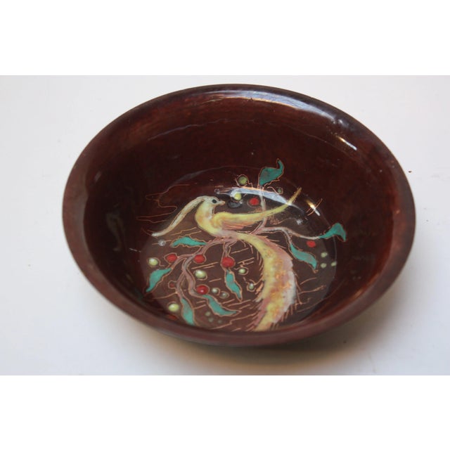 Brown Mid-Century Dutch Modern Hand-Painted Enamel on Copper 'Peacock' Bowl For Sale - Image 8 of 8