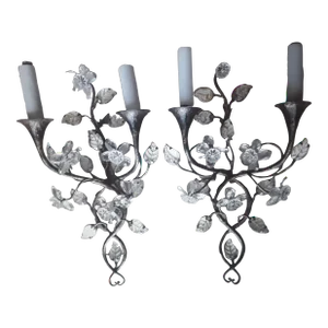 C1900 Antique French Art Nouveau Cut Crystal Floral Form Wall Sconces by Maison Bagues a - Pair