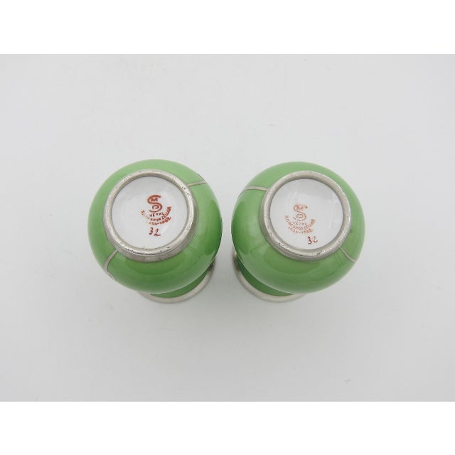 Green Manfred Veyhl Silver Overlay Art Deco Vase Pair in Green Porcelain For Sale - Image 8 of 10