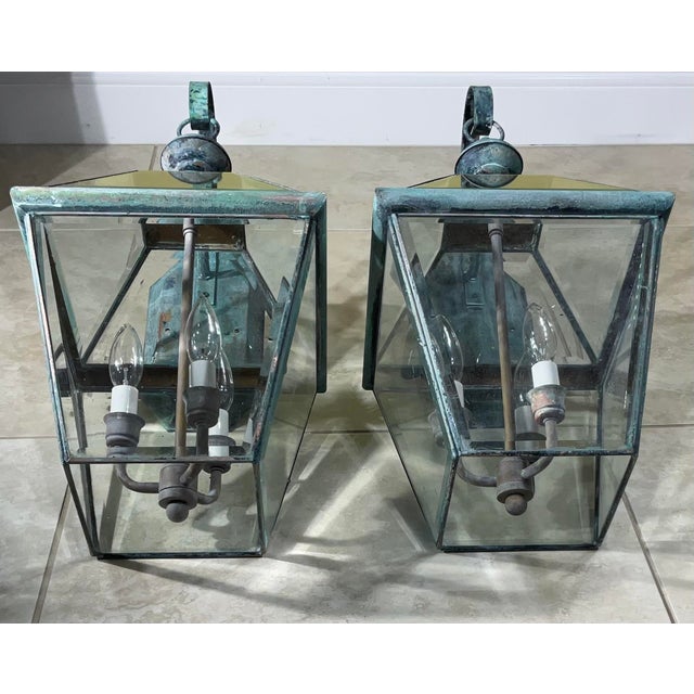 Pair of Vintage Solid Brass Lanterns - 10”w X 11” X 20”.5 High For Sale - Image 4 of 12
