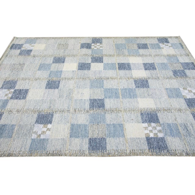2010s Modern Scandinavian Blue and Gray Handmade Geometric Room SizeWool Rug For Sale - Image 5 of 10