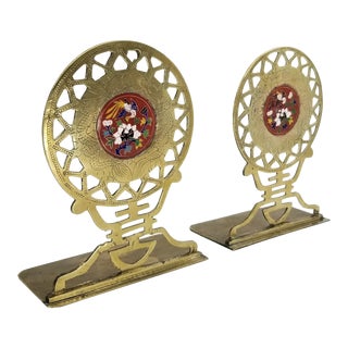 Restored Phoenixes and Flowers Chinese Cloisonne Solid Brass Antique Bookends - a Pair For Sale