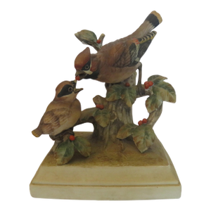 Cedar Waxwing Mother Feeding Baby Bird on a Tree Figurine Japan by Andea Vintage 1980s