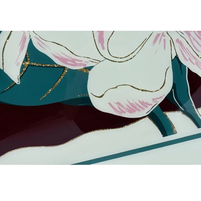 1980s Vintage 1980s Large Scale Magnolia Floral Wall Art White Mauve Green and Gold Glitter For Sale - Image 5 of 8