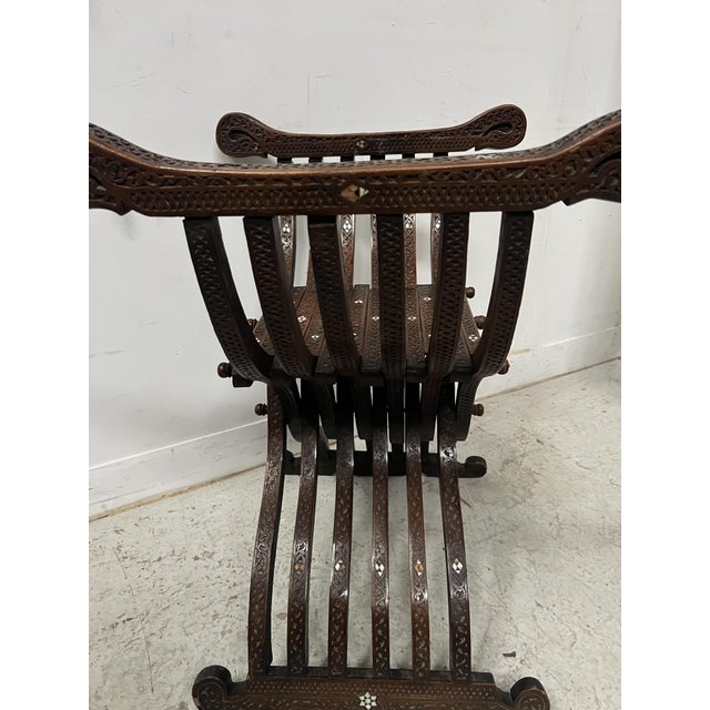 Antique Syrian Folding Armchair in Carved Wood with Inlay, 1800s For Sale - Image 4 of 13