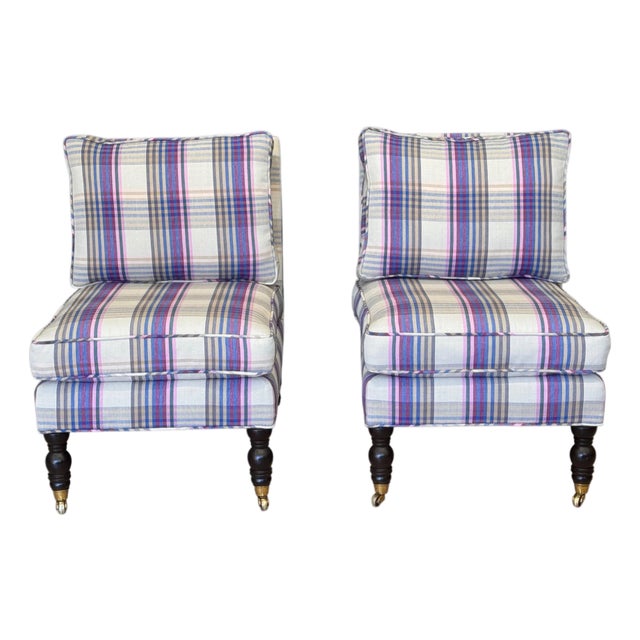 Vintage Pair of Custom-Upholstered English-Style Slipper Chairs For Sale