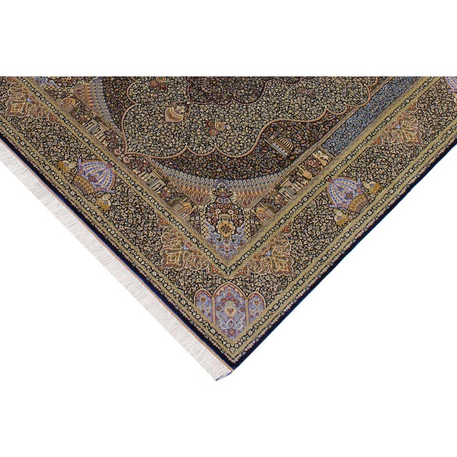 Shabby Chic Intricate Persian Design Turkish Silk Blue Medallion Area Rug - 6'6'' X 9'9'' For Sale - Image 3 of 9