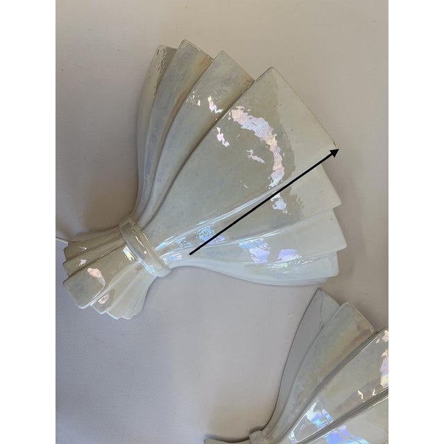 Ivory Fan Shaped Pearl Glazed Ceramic Wall Lamps, 1950s, Set of 2 For Sale - Image 8 of 13