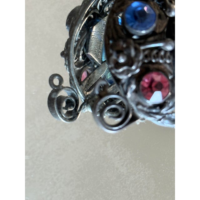 Metal 1940s Hobé Sterling Silver Floral Brooch With Pâte De Verre and Rhinestone Accents For Sale - Image 7 of 9