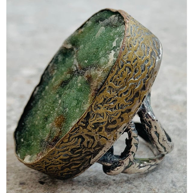 Brutalist/Modernist Bora Oxidized Sterling & Bronze Statement Ring Set With Druzy Moss Agate & an Organic Vine Sterling Band For Sale - Image 10 of 12