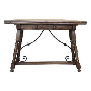 20th Century Spanish Console Fold Out Farm Table with Wood Stretcher For Sale