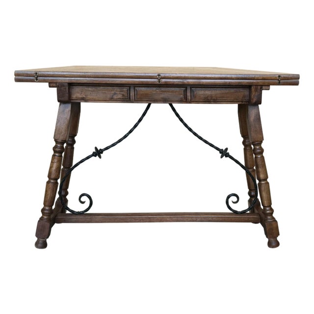 20th Century Spanish Console Fold Out Farm Table with Wood Stretcher For Sale