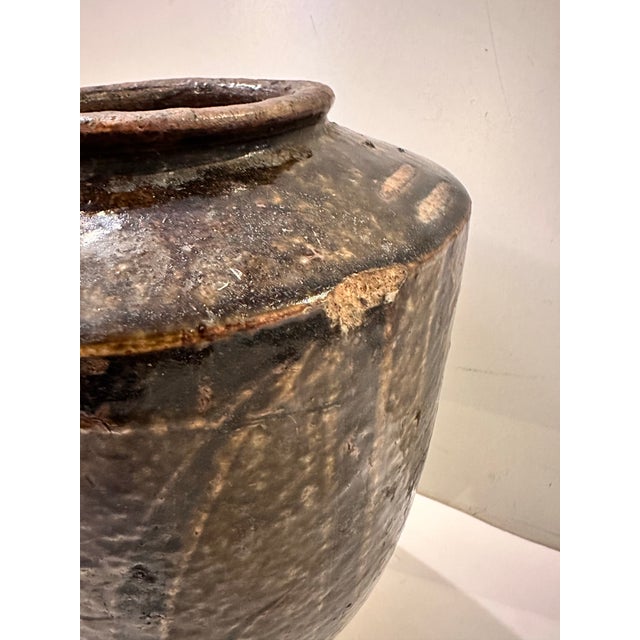Rustic Vintage Studio Pottery Jar With Incised Leaf Motif For Sale - Image 3 of 7