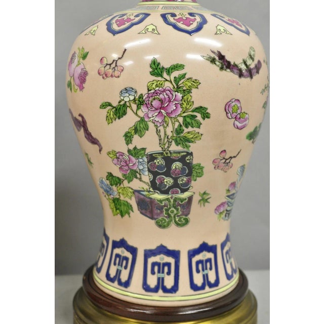 Vintage Chinoiserie Pink Porcelain Ginger Jar Jardinière Vase Table Lamp a Pair For Sale - Image 4 of 10