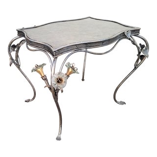 Vintage Janice Minor Art Nouveau Metal Side Table With Hand Crafted Glass Amaryllis For Sale