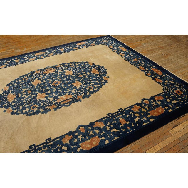 Superb Tan Beige and Blue Color With Chinoiserie Design Antique Chinese Peking Rug For Sale - Image 9 of 10