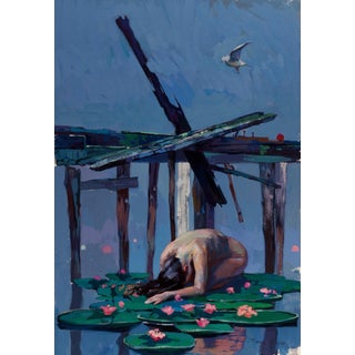 Worship by Timur Akhriev | Gouache on Watercolor Paper Woman near water lilies under a blue sky For Sale