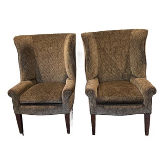 Pair of Custom Made Wingback Chairs in Paisley Corduroy, Perfect Condition For Sale