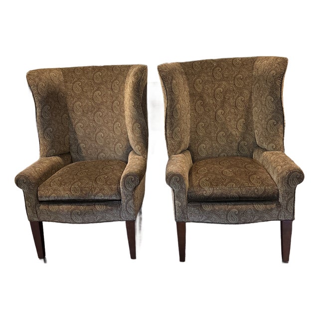 Pair of Custom Made Wingback Chairs in Paisley Corduroy, Perfect Condition For Sale