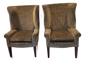 Pair of Custom Made Wingback Chairs in Paisley Corduroy, Perfect Condition
