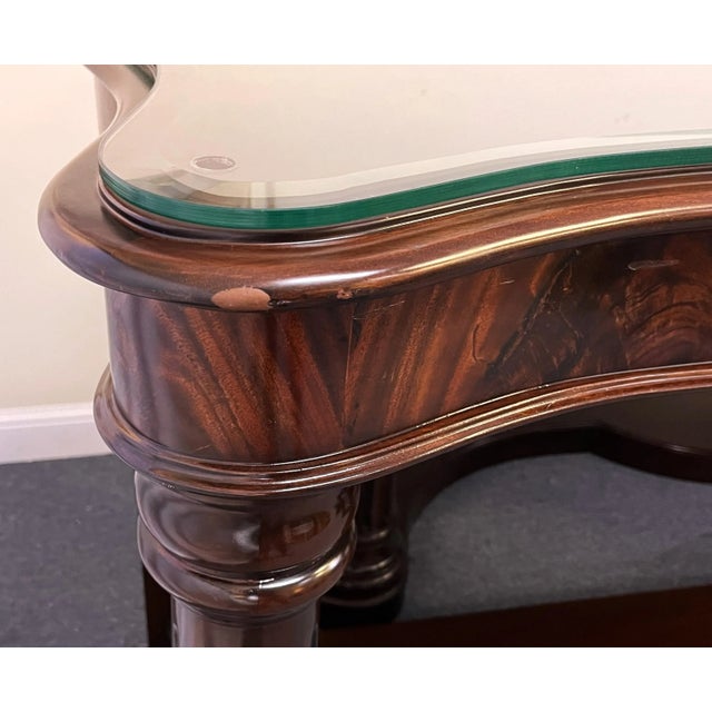Monumental Flame Mahogany Fluted Corner Serpentine Front Console Table With Beveled Glass Top For Sale - Image 12 of 13