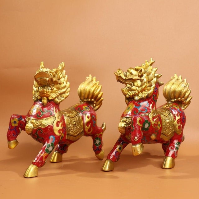 Late 19th Century Pair of Cloisonné Enamel Qilin Statues, Gilt Bronze Figures, 2.64kg For Sale In Los Angeles - Image 6 of 9