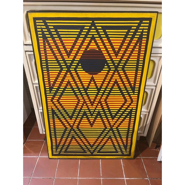 Post Modern 1980's Geometric Abstract-in the style of Keith Haring . Primary colors of black, yellow ,red and blue housed...