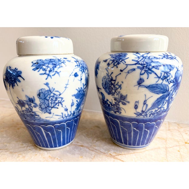 Chinese Vintage Chinese Floral Blue & White Qing Ginger Jar Pair With Lotus Petal Border For Sale - Image 3 of 12