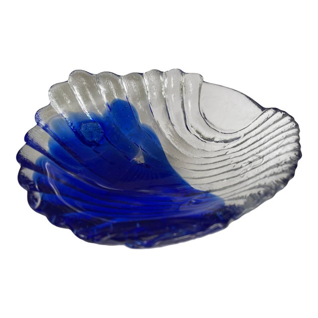 1980's Cobalt Blue and Transparent Textured Art Glass Seashell Bowl For Sale