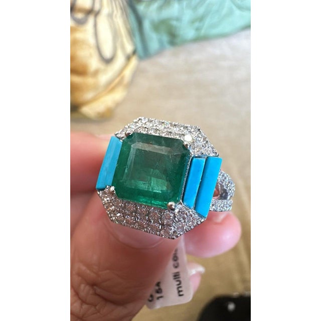 Set in 18k Gold, Zambian Emerald, Natural Turquoise & Diamonds Engagement Ring, Size 6 For Sale - Image 6 of 8